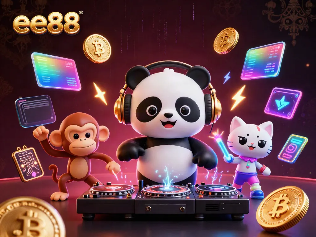 Engage with exciting ee88 experiences as a DJ panda spins roulette wheels while a monkey dances and a kitten glows.