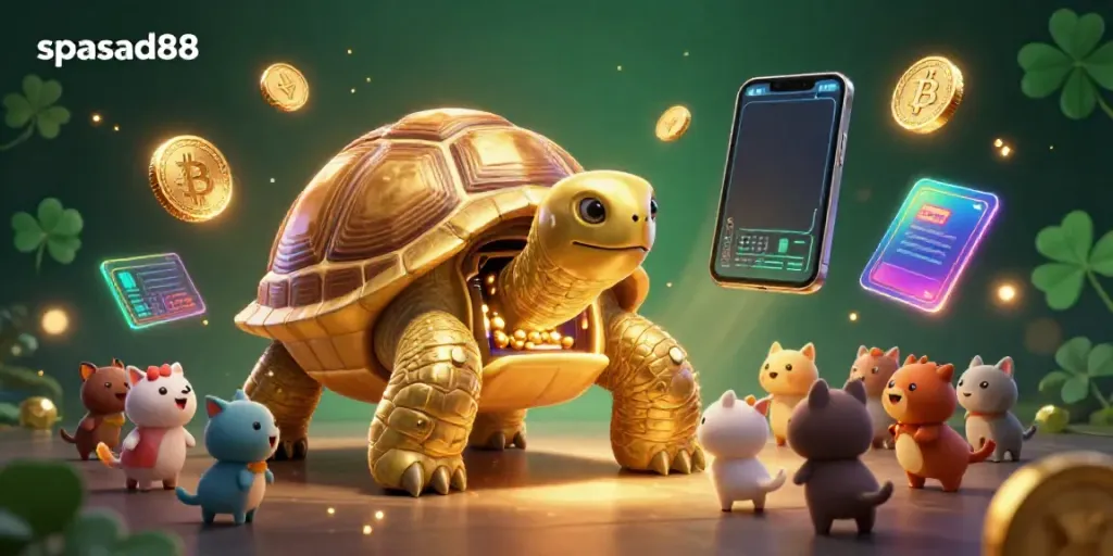 Engage with spasad88's vibrant casino world, featuring a golden tortoise pinball machine and cryptocurrency elements.