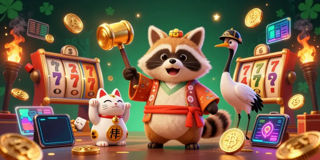 Experience the thrill of sunwin with cheerful characters in a dynamic casino scene featuring slots and vibrant crypto elements.