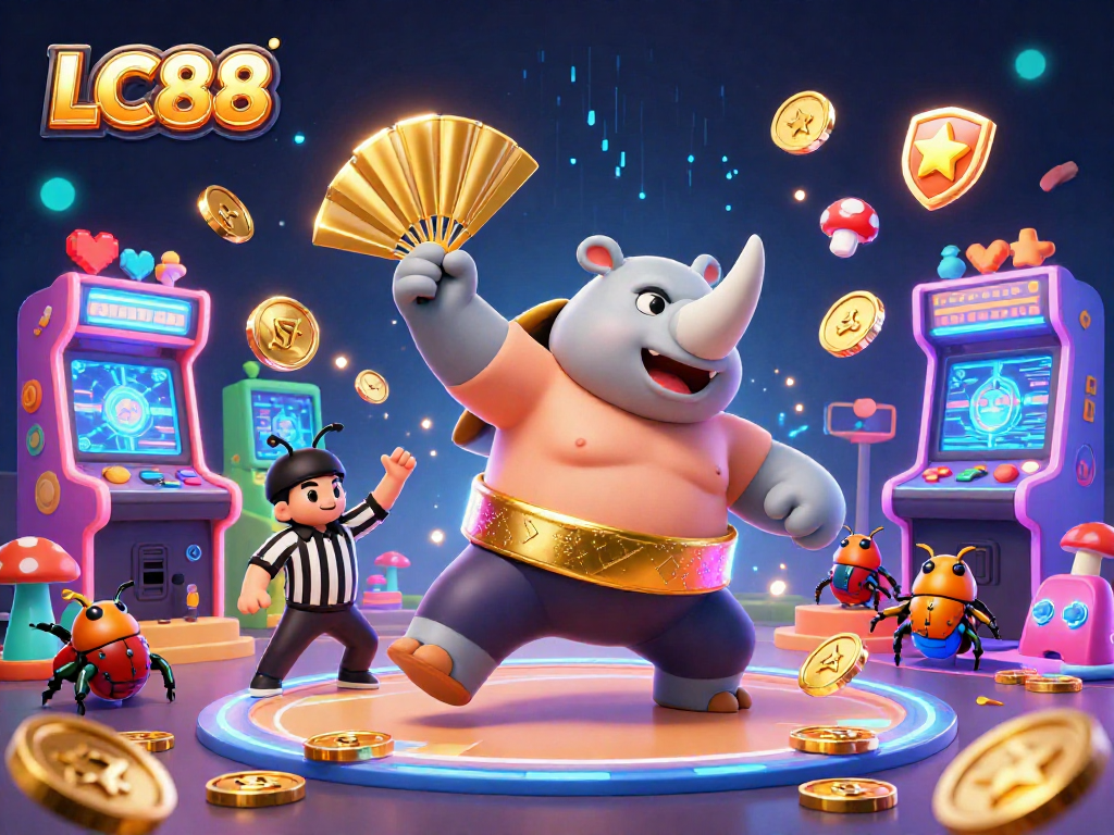 Engage with LC88's thrilling casino experience featuring vibrant game elements and a unique sumo champion scene.