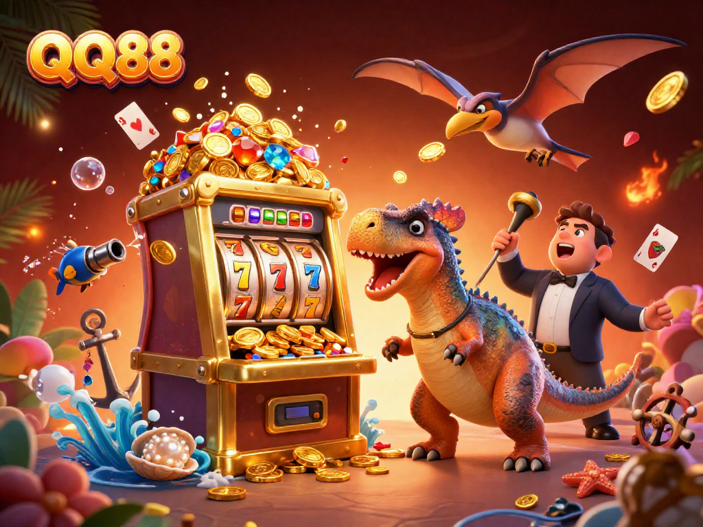Watch QQ88's cartoon dinosaur characters interact with a golden slot machine, showcasing exciting gameplay.