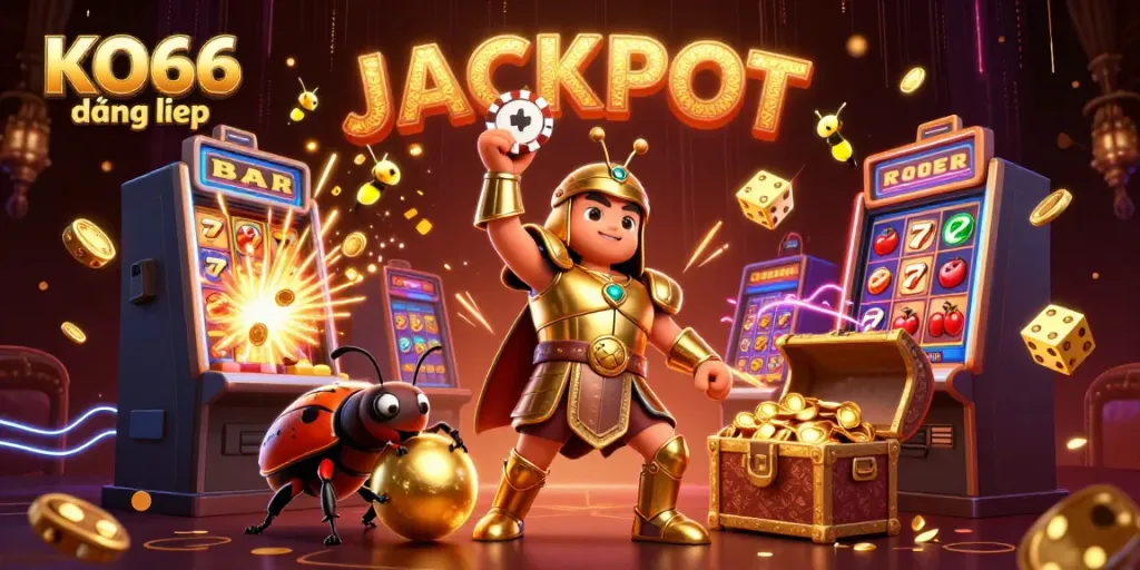 Experience KO66 đăng nhập with vibrant casino elements, showcasing beetles, jackpot excitement, and games.