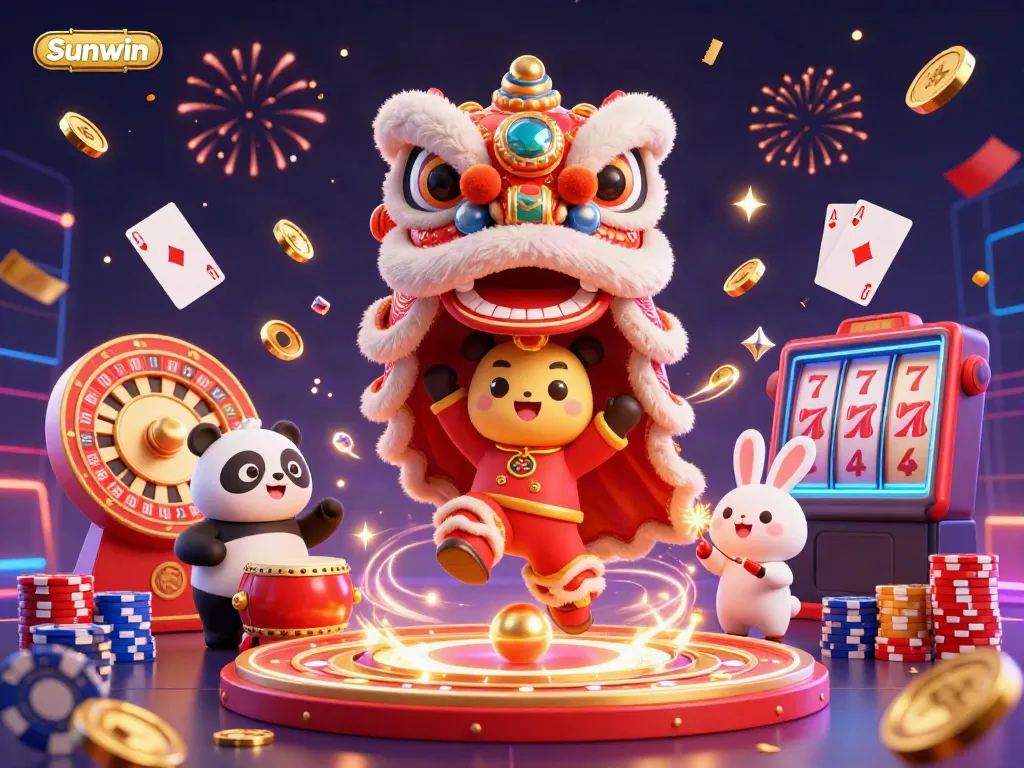 Experience the vibrant world of Sunwin through a lively 3D scene filled with casino games and festive characters.