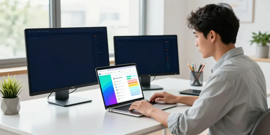Data analyst optimizing SEO metrics related to instant indexing in a modern workspace.