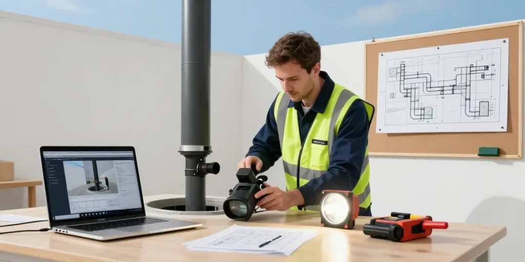 Drainage Surveyors Surrey using advanced CCTV technology to inspect underground pipes in a professional setting.