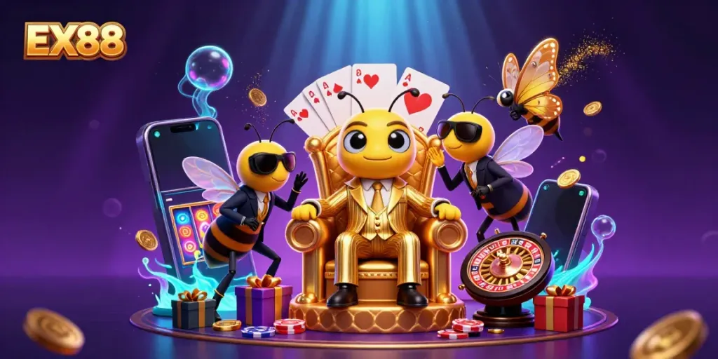 Engage with EX88's thrilling slots, where a bumblebee mob boss oversees the action in a vibrant casino.