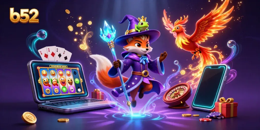 Bets unfold in a vibrant 3D casino scene featuring b52, with magical elements and slot games.