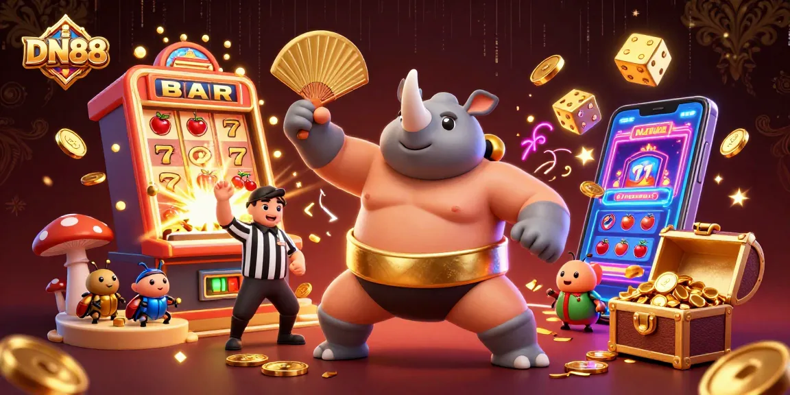 Experience DN88's thrilling gaming excitement with a sumo champion beetle and golden coins flying.