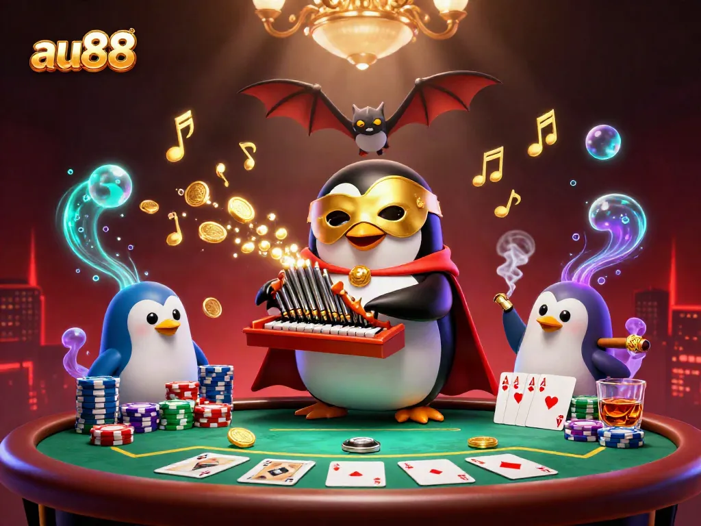 Experience classic casino thrills with au88's 3D cartoon penguin at the organ amid dazzling game elements.