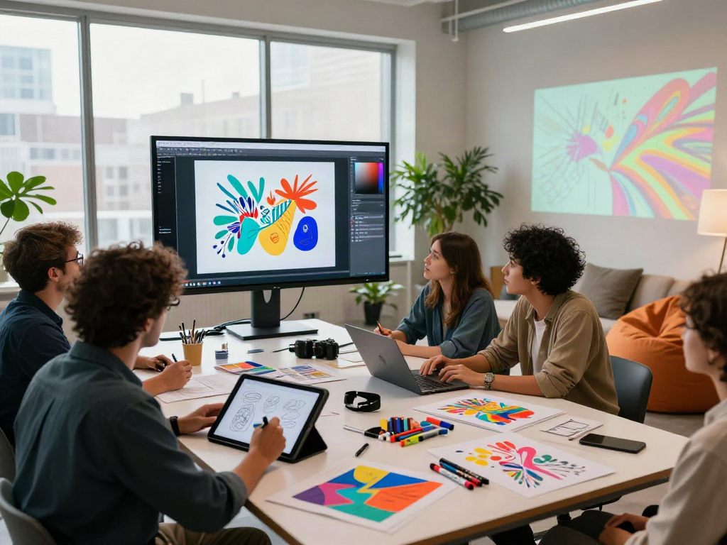 Creative team collaborating on nsfw ai digital art in a vibrant modern studio