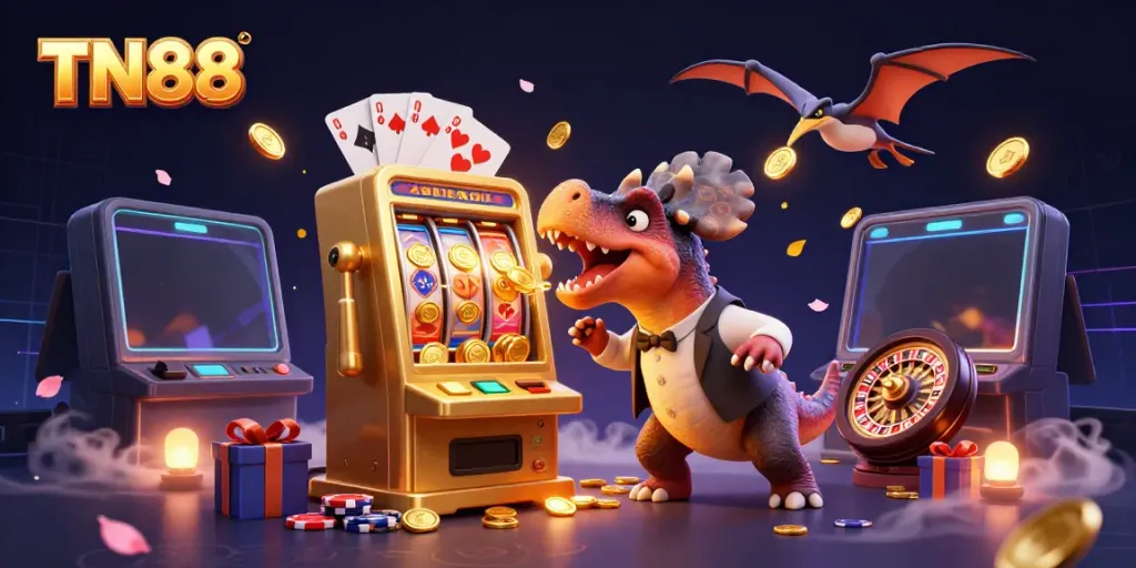 Experience the excitement of TN88 with a dinosaur-themed casino scene featuring jackpots and gold coins.