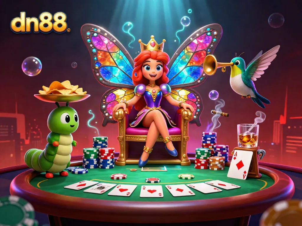 Engage with dn88's dynamic casino scene featuring a butterfly queen, poker elements, and golden chips.