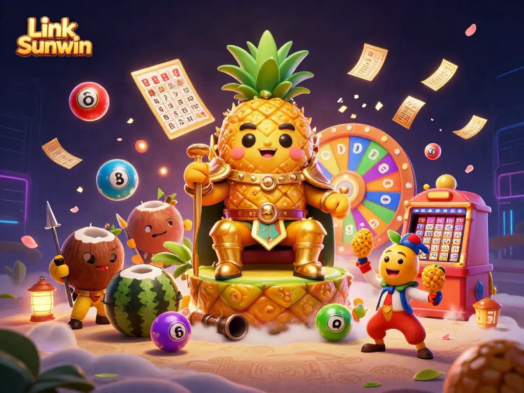 Engage in the thrilling action of Link Sunwin with vibrant casino elements including lottery balls, prize wheels, and colorful tokens.