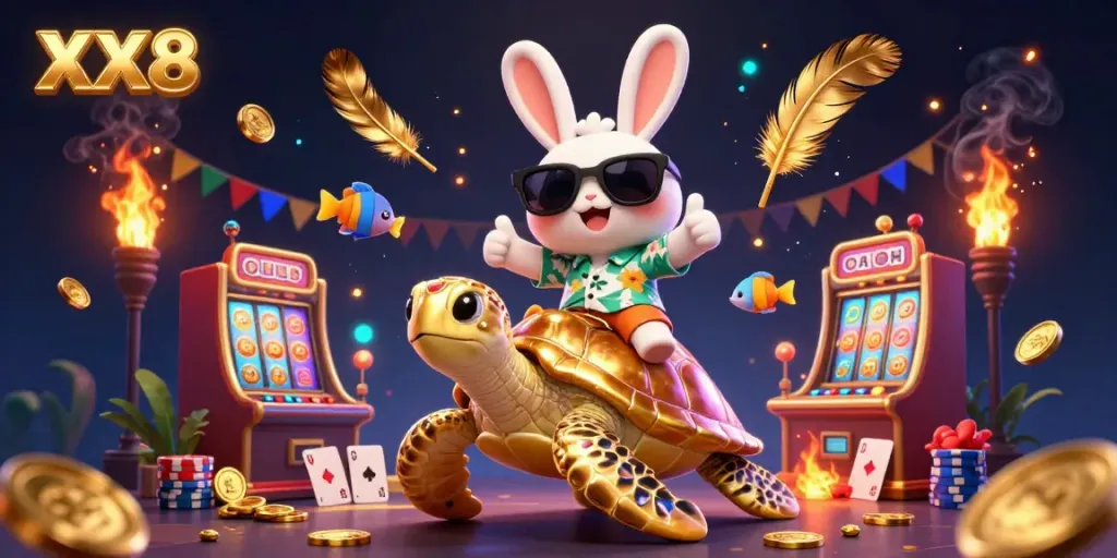 Experience exhilarating wins at XX8 casino with a lucky rabbit and golden turtle amidst a vibrant gaming scene.