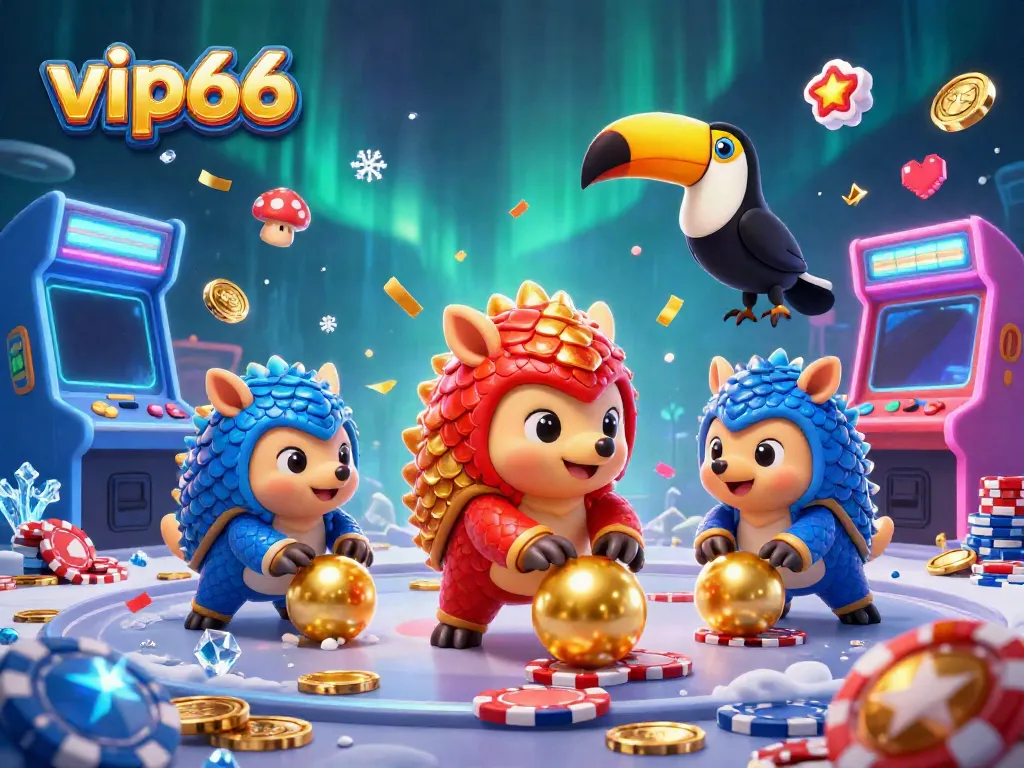 Engage in thrilling casino action with vip66, featuring cartoon pangolins and vibrant gaming elements.