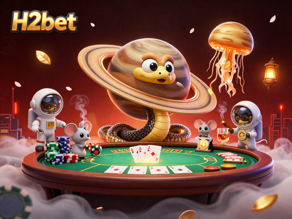 Experience H2bet's vibrant cosmic casino scene with astronaut mice betting in outer space.