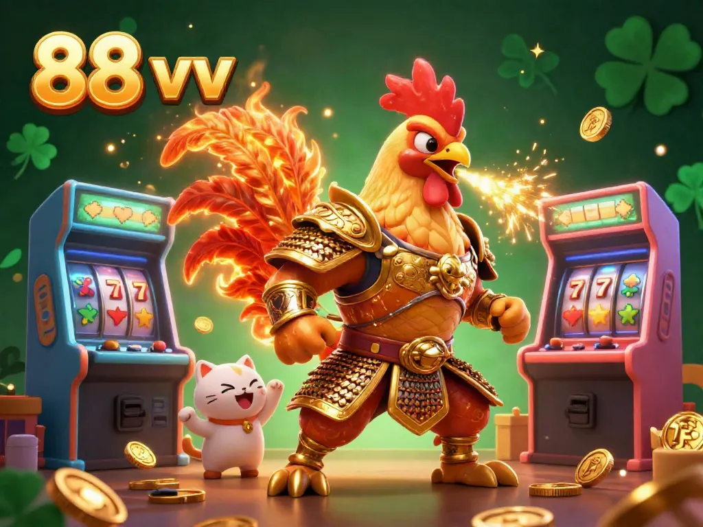 Engage with the vibrant casino world of 88 vv featuring a heroic rooster and dragon surrounded by game elements.