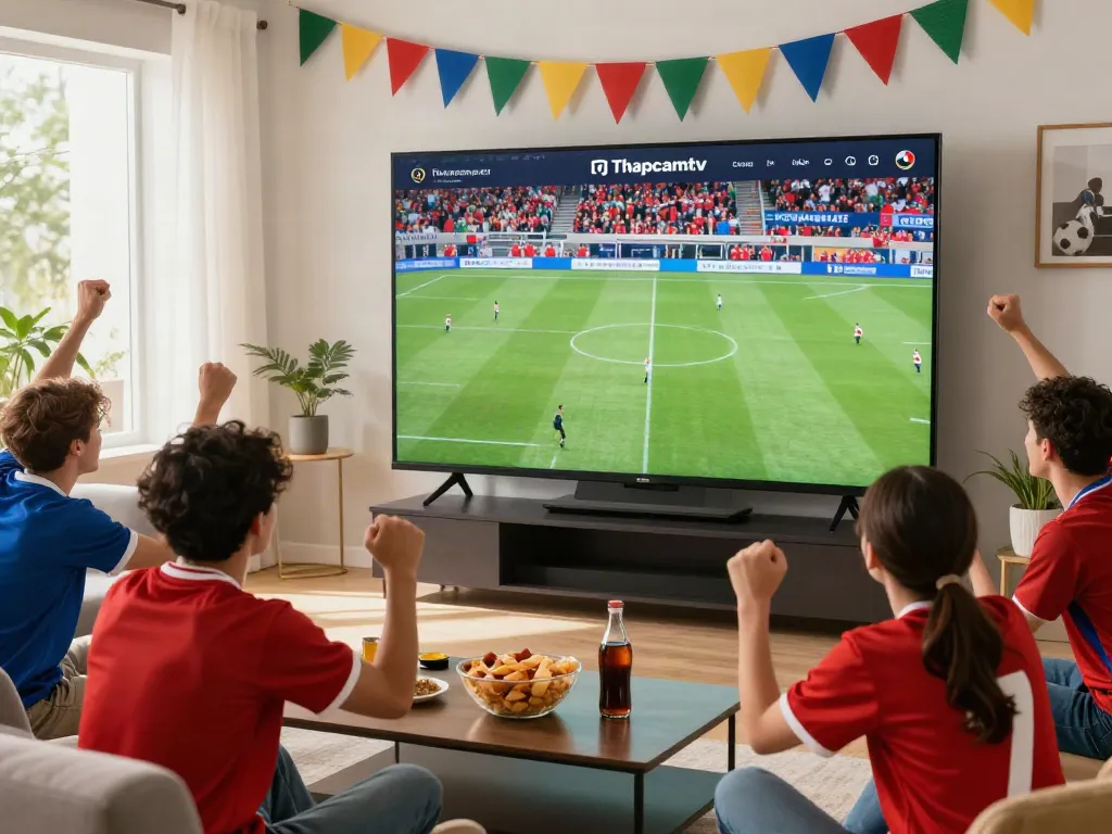 Friends enjoying a live football match through Thapcamtv, snacks and excitement abound.