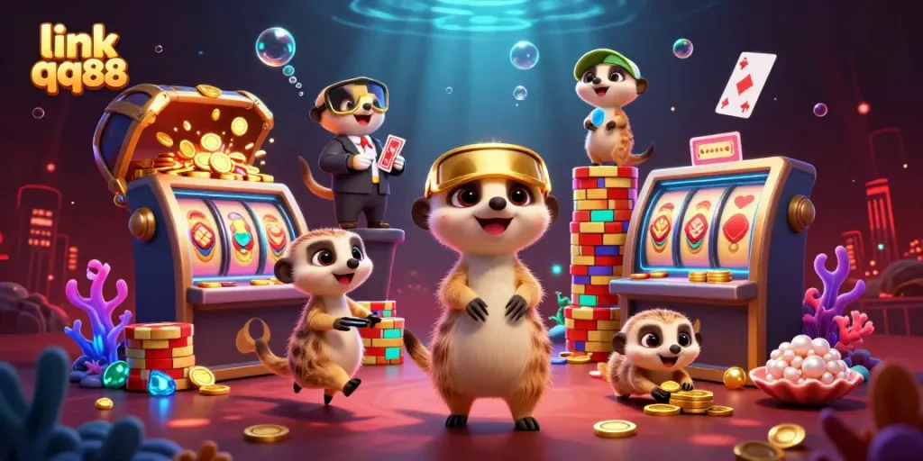 Experience the excitement at link qq88 with cartoon meerkats managing a vibrant casino scene filled with slot reels and audiovisual elements.