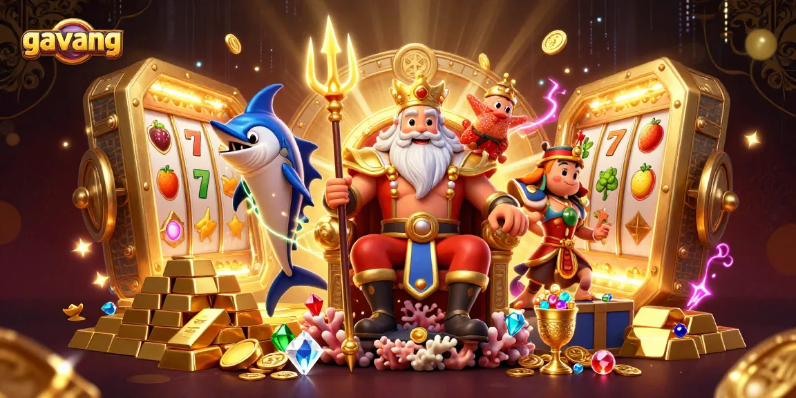 Gavang brings luck in a vibrant, packed 3D casino scene featuring Neptune and treasures.