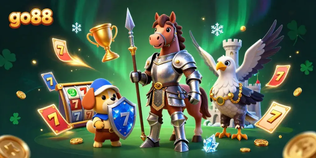 Experience thrilling gaming with go88's exciting slots in a vibrant 3D casino scene.