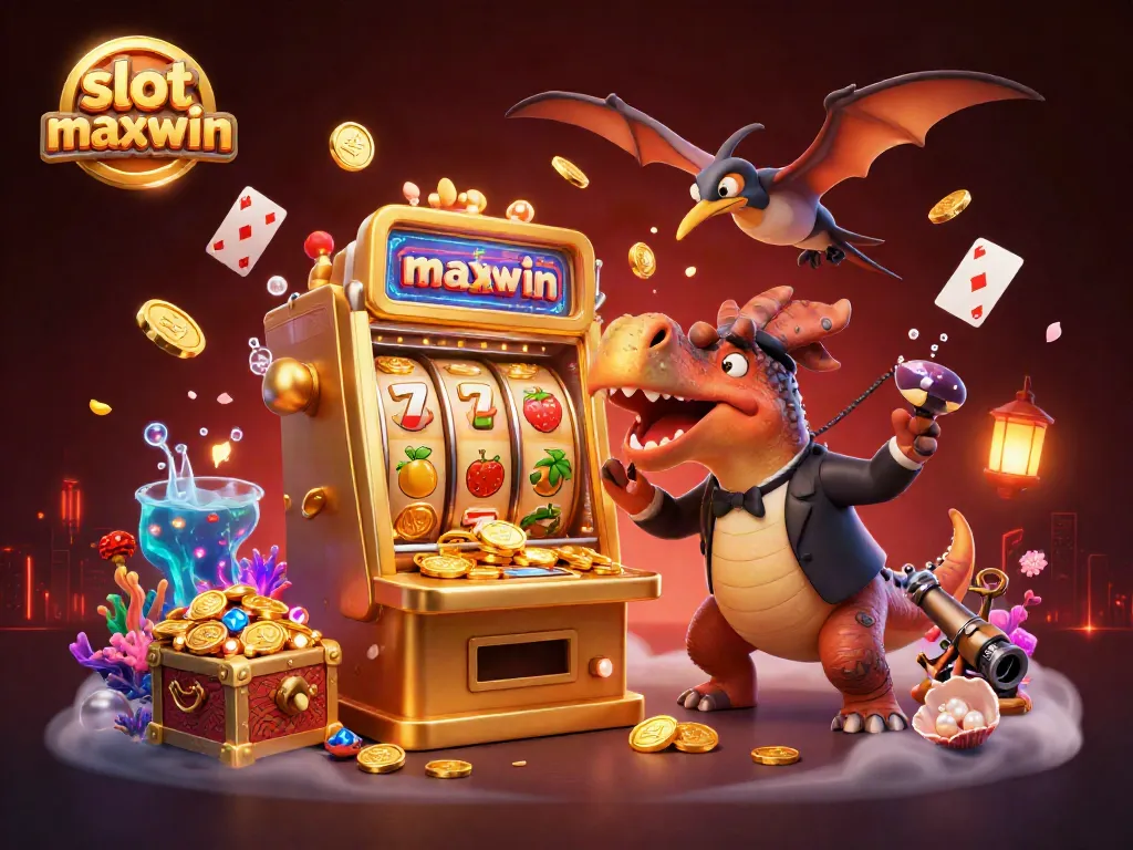 Experience thrilling slot maxwin action with cartoon dinosaurs and gold coins in a vibrant casino scene.