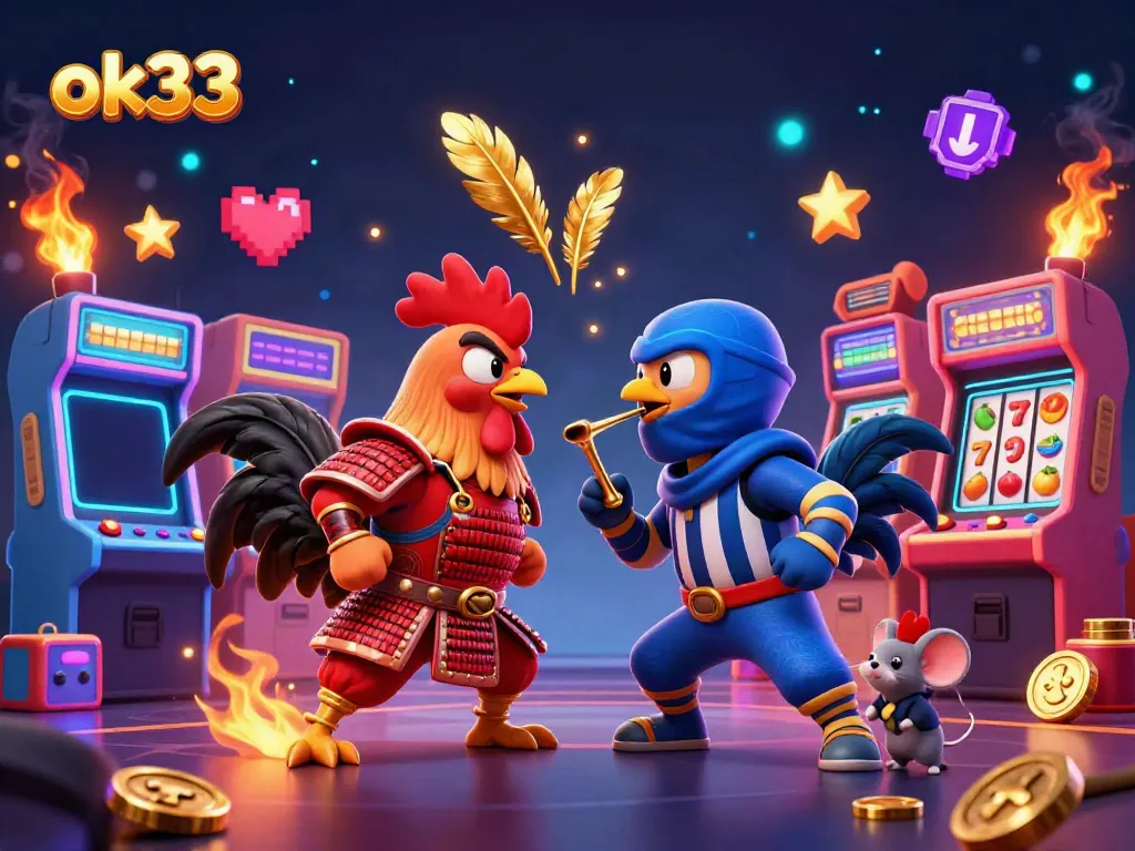 ok33 showcases a dramatic standoff of twin roosters in an arcade-casino fusion, highlighting vibrant gaming elements.
