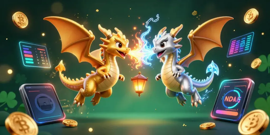 Experience the magic of s8 gaming with fiery dragons and crypto elements in a rich casino scene.