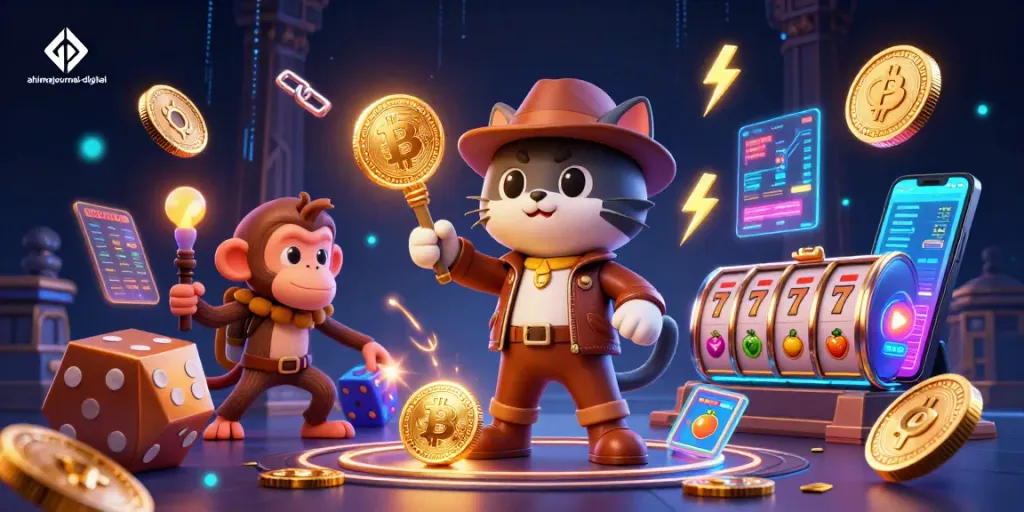 Action-packed scene highlighting ahimajournal-digital with an archaeologist cat unearthing casino treasures.