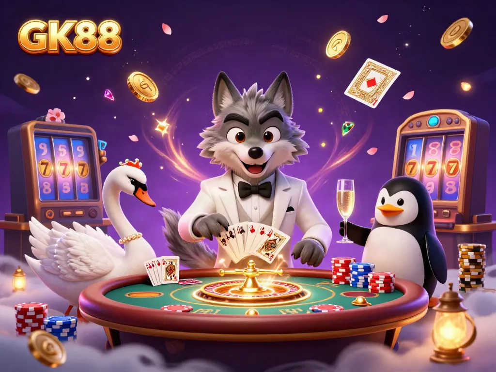 GK88 brings the excitement of a bustling casino scene with animated characters and vibrant game elements.