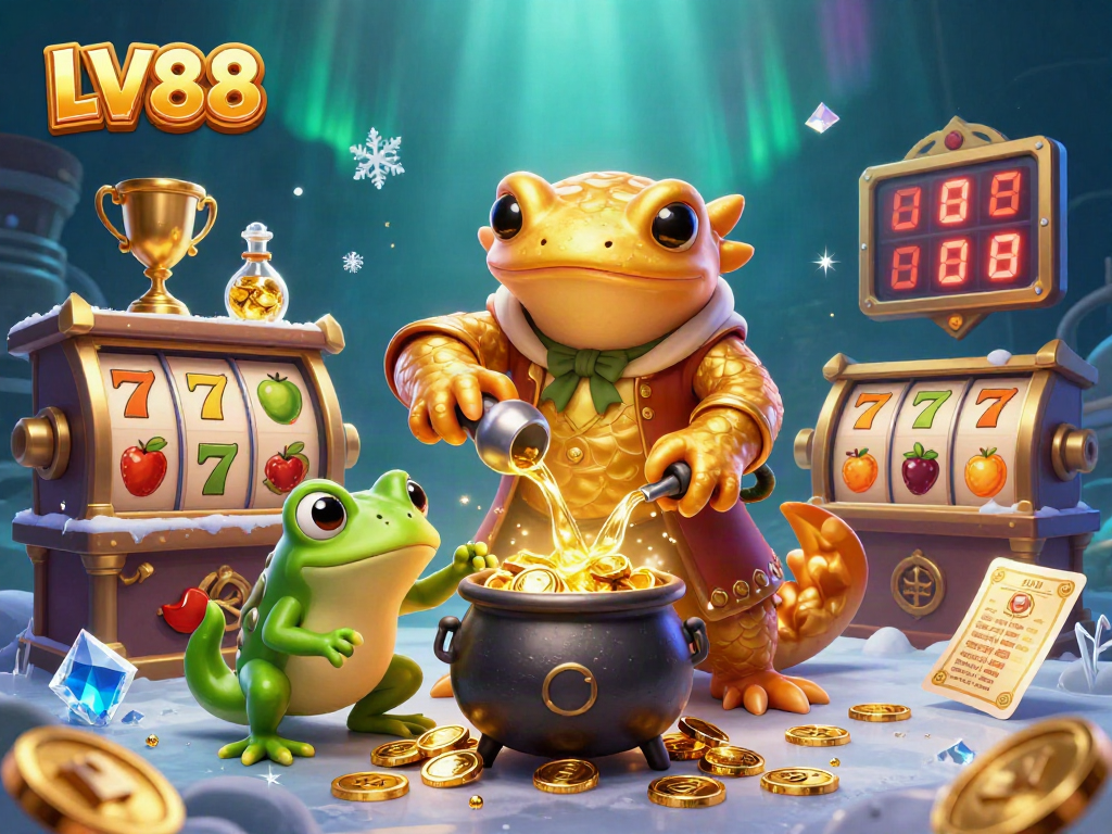 Experience LV88 slot games with a vibrant casino scene featuring dynamic characters and stunning gold elements.