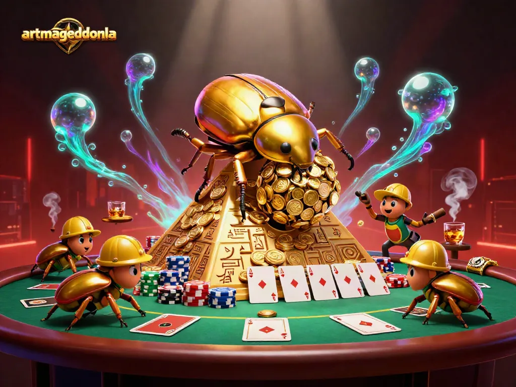 Engage in the artmageddonla casino adventure with vibrant beetles rolling golden coins amidst lively poker elements.