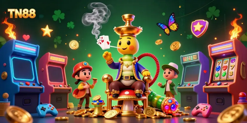 Experience the thrill of TN88 slots in a vibrant 3D casino, featuring elaborate characters and game elements.