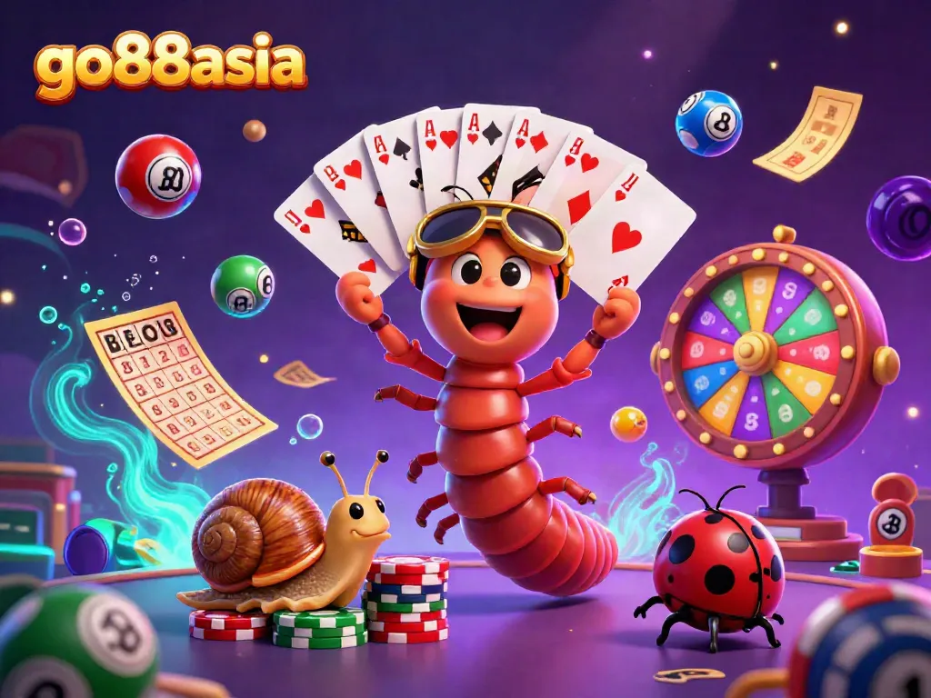 Experience the thrill of go88asia with vibrant characters and lively gambling elements illuminating the casino atmosphere.