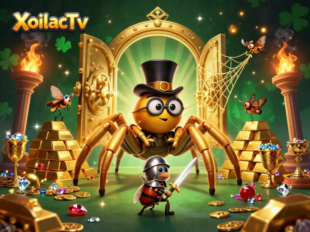 XoilacTv features a golden tarantula and a beetle knight in a lively casino scene filled with treasures.