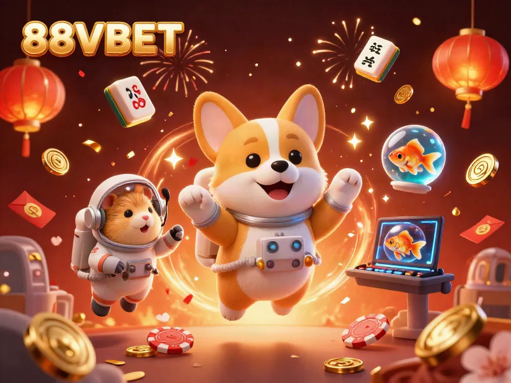 Experience thrill at 88VBET with a cartoon astronaut corgi and fun casino elements in a vibrant 3D scene.