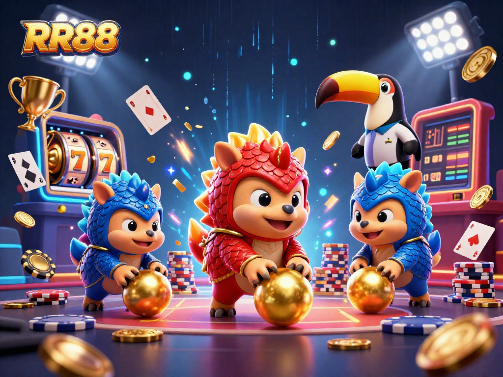 Engage with RR88's thrilling slot experience featuring dynamic pangolins and vibrant casino elements.