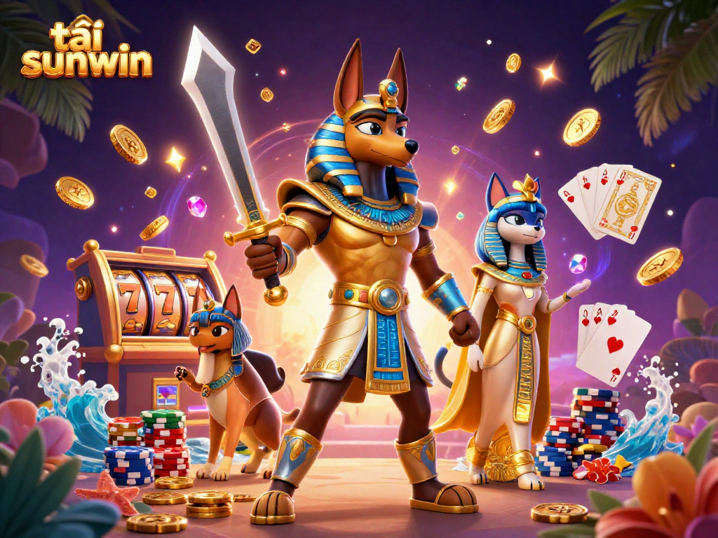 Experience exciting gameplay with tải sunwin featuring Anubis and Bastet in a dynamic casino scene.