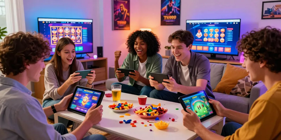Excited friends enjoying TK999 online gaming together in a vibrant living room setting.