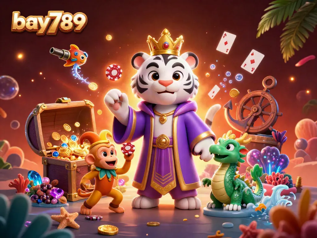 Experience bay789 with a vibrant casino scene featuring a royal tiger and playful monkey, showcasing thrilling gaming elements.