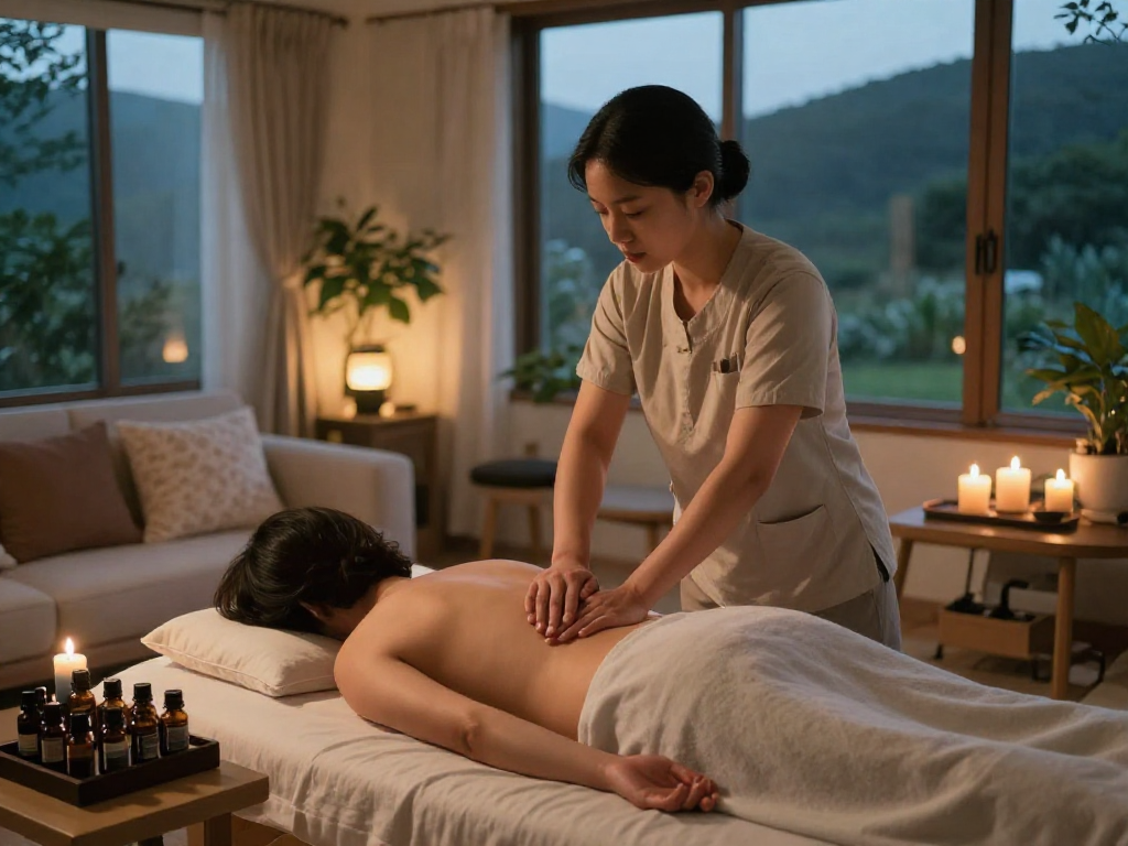 Professional therapist delivering high-quality 영종도출장마사지 in a calming home environment with soft lighting and essential oils.