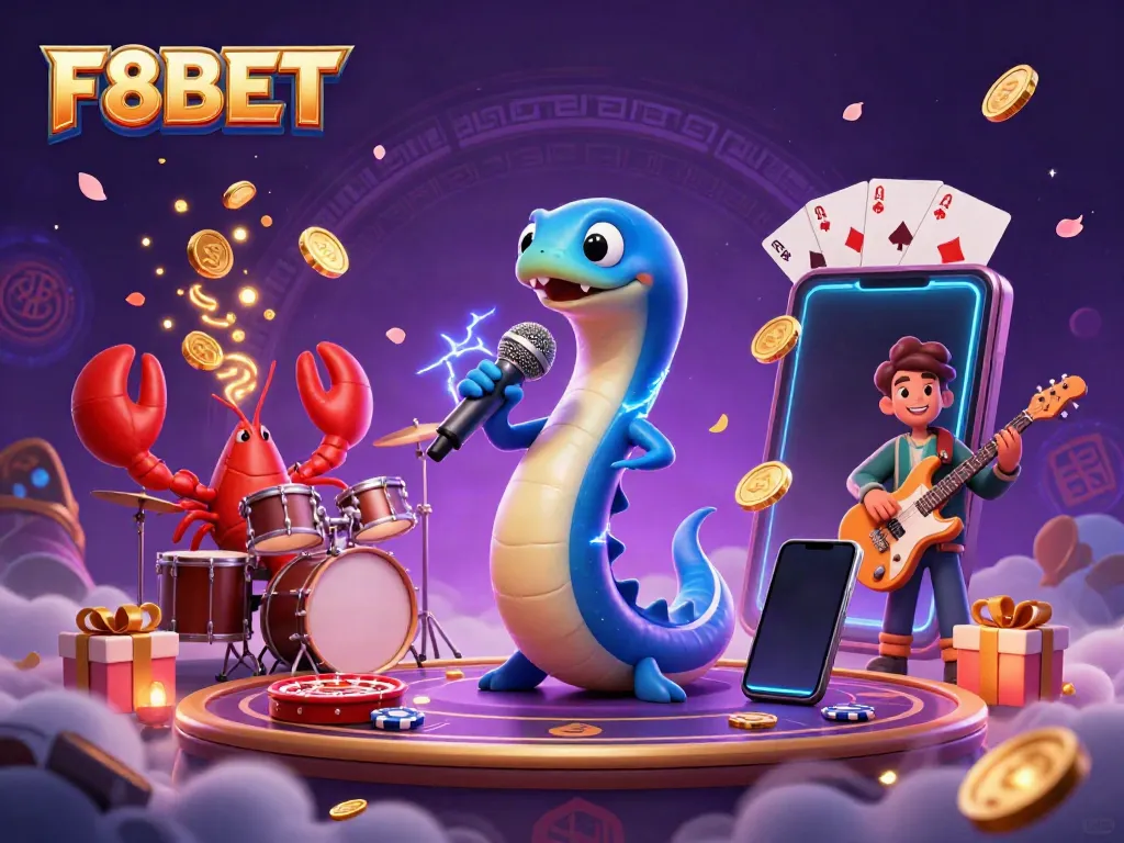 Experience F8BET in vibrant underwater casino scene with electric eel DJ and gaming elements