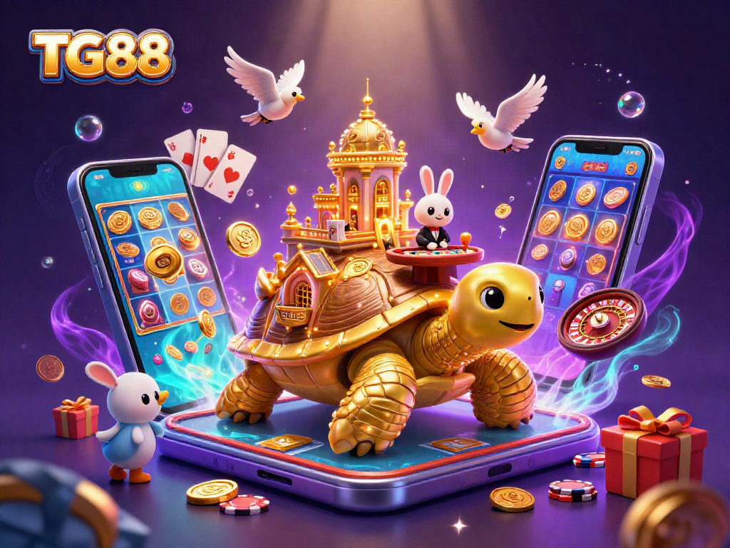 Win big at TG88 with a vibrant 3D casino scene featuring a golden tortoise and a dealer!