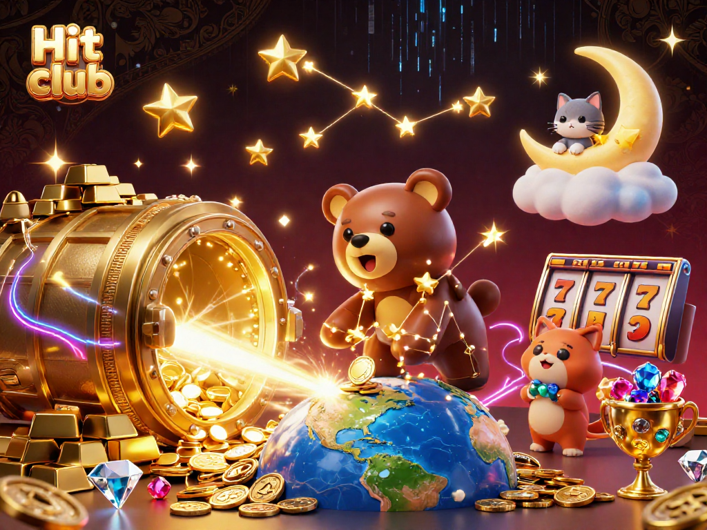 Hit club offers vibrant 3D casino illustrations, showcasing engaging slot reels and stellar elements.