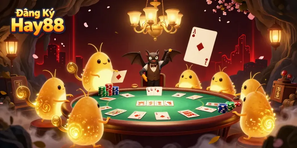 Experience the excitement of Đăng Ký Hay88 in our 3D casino illustration featuring glowing characters and vibrant game elements.