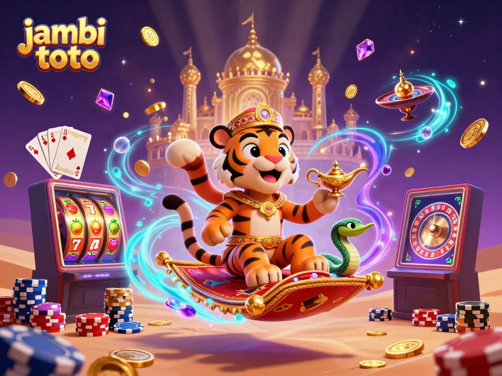 Experience the thrill of jambi toto with a vibrant 3D illustration featuring slots, poker, and floating treasures.