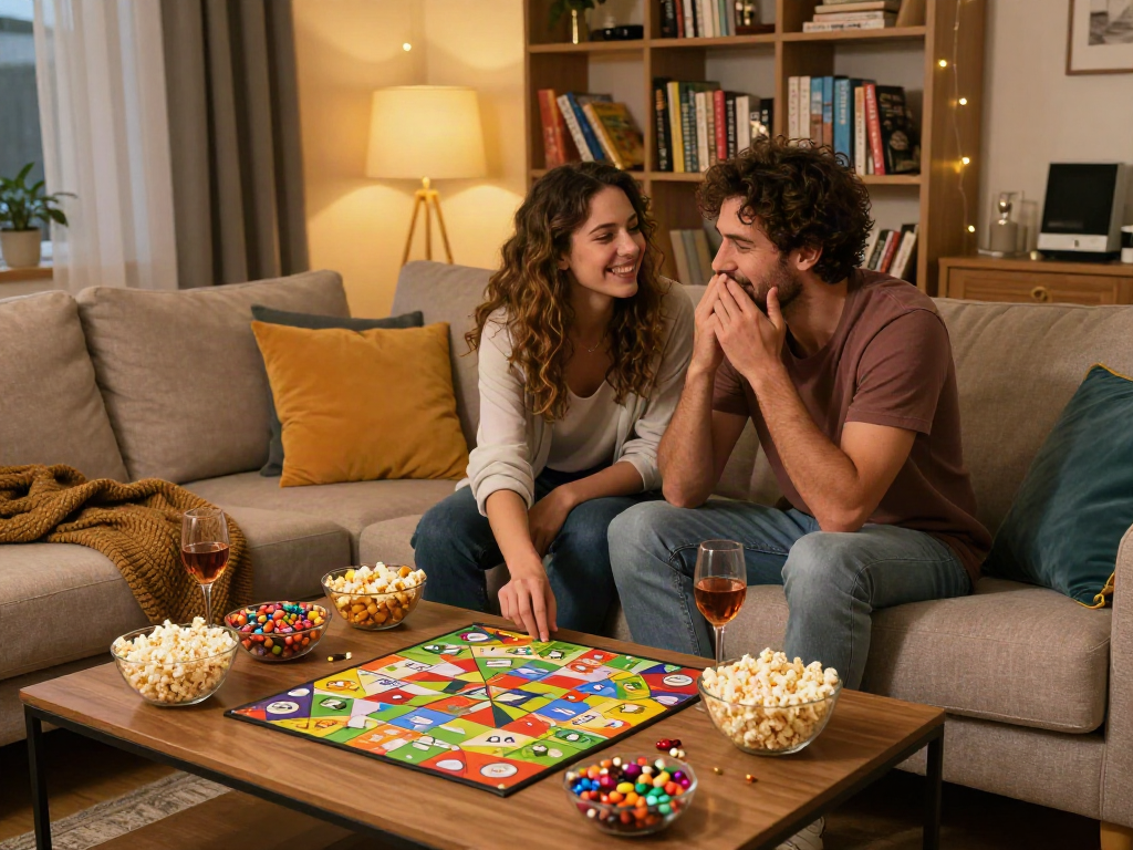 Engaging couple enjoying a sex game during an intimate game night in a cozy living room.