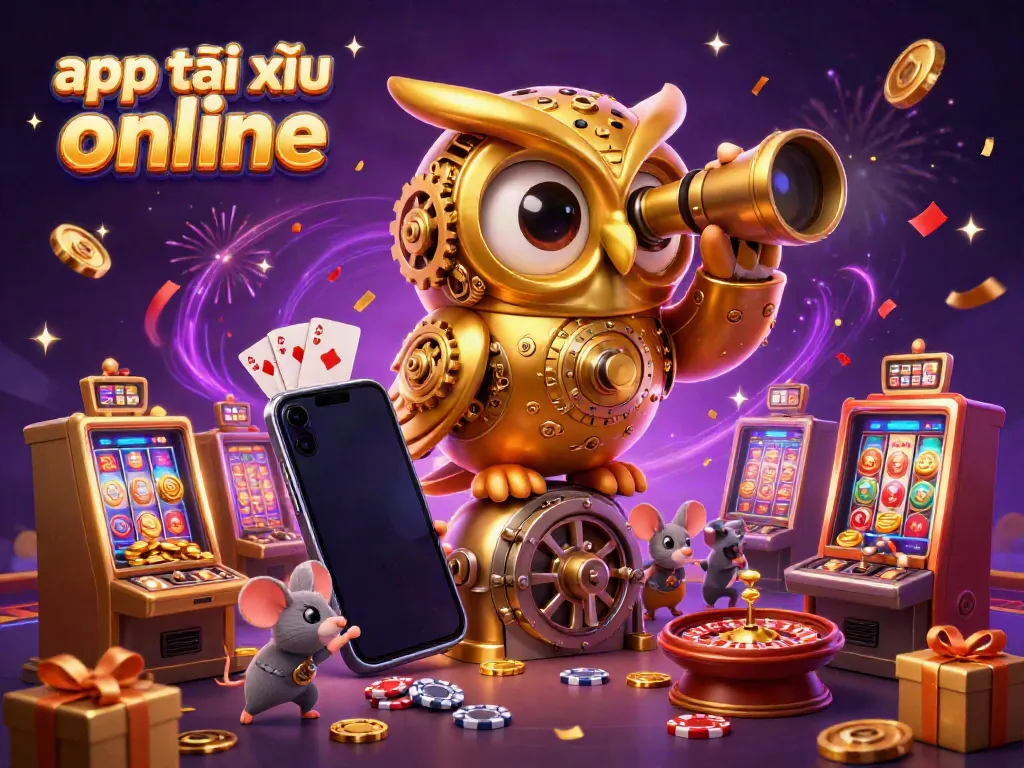 Engage with the app tài xỉu online showcasing a vibrant casino scene featuring an owl and wind-up mice amidst gaming elements.