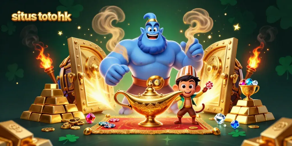 Experience thrilling wins at situs toto hk with vibrant illustrations of genies, treasure, and magic.