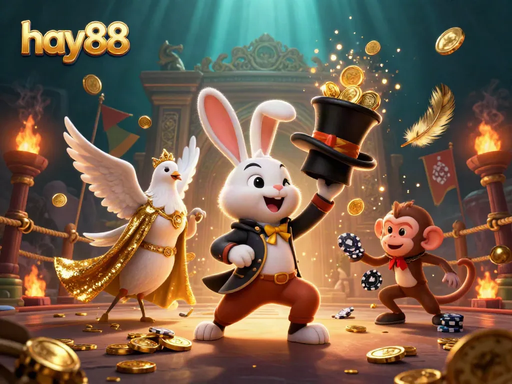 Experience exciting wins at hay88 with a magician rabbit, dove, and monkey in this vibrant casino world.